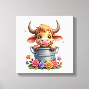 Süßes Baby Highland-Kuh Mit Blumen Kalb Tier co Leinwanddruck