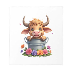 Süßes Baby Highland-Kuh Mit Blumen Kalb Tier co Notizblock