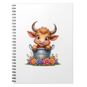 Süßes Baby Highland-Kuh Mit Blumen Kalb Tier ko Notizblock
