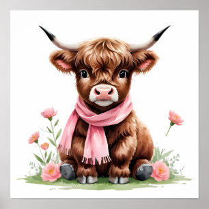 Süßes Baby Highland-Rind mit Blumen Poster