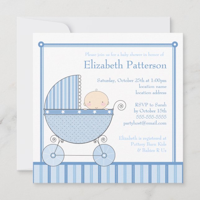 Süßes Baby in der Wagen-Babyparty im Blau Einladung (Vorderseite)
