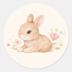 Süßes Baby Kaninchen Hase Rosa Blumen Runder Aufkleber