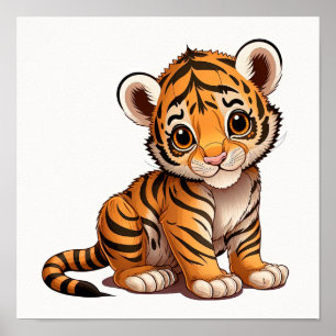 Süßes Baby kleiner Tiger sitzt auf weißem Hintergr Poster