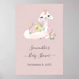 Süßes Baby Lama mit weißen und rosa Blumen Poster