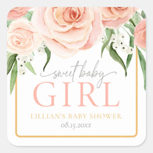 Süßes Baby Mädchen Blush Pink Rose Blumiges Babysh Quadratischer Aufkleber