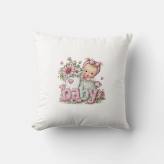 Süßes Baby Mädchen mit Blumen & rosa Buchstaben | Kissen