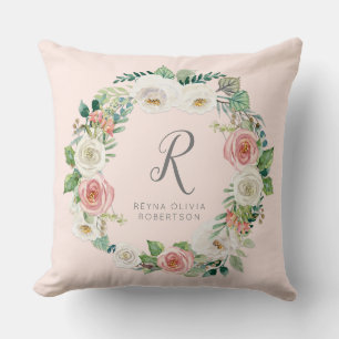 Süßes Baby Mädchen   Monogramm Name Blush Blumenkr Kissen