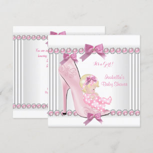 Süßes Baby-Party-Mädchen Rosa Punkte High Heel C3 Einladung