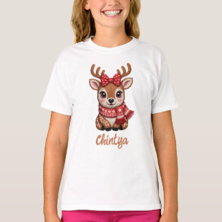 Süßes Baby-Rentier mit rotem Schal Aquarell T-Shirt