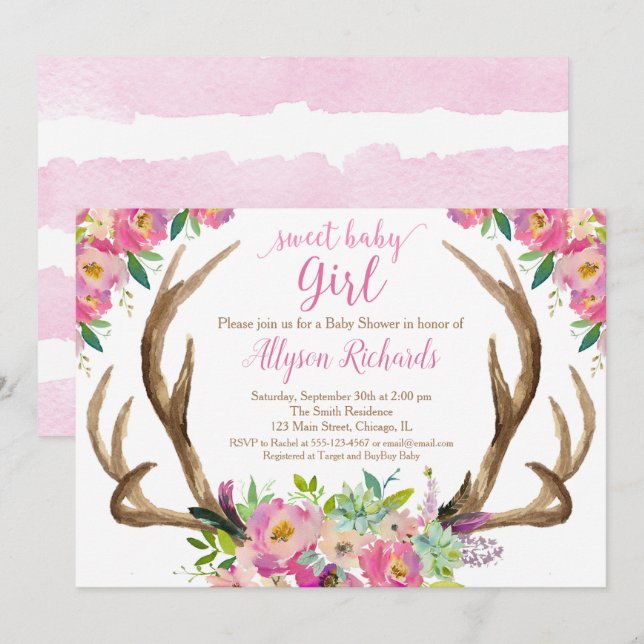 Süßes Baby rustikale boho Geweih-Babyparty Einladung (Vorne/Hinten)