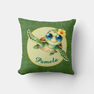 Süßes Baby-Schildkröte mit blauer Sonnenbrille und Kissen