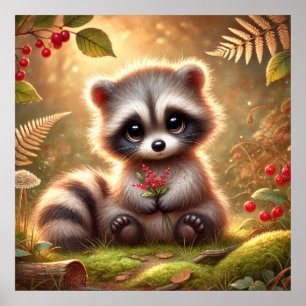 Süßes Baby-Waschbär mit roten Beeren – Waldvorderg Poster