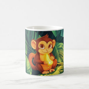 süßes Babyäffchen im Dschungel, das einen glänzend Kaffeetasse