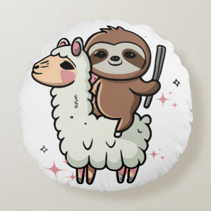 Süßes Babyfaultier und Lama Rundes Kissen