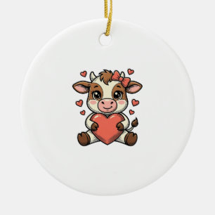 Süßes Babykuh hält herzförmige Vintage-Stickerei-S Keramik Ornament