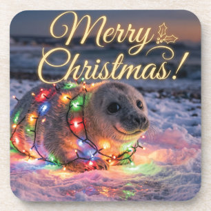 Süßes Babyrobbenbaby umwickelt mit Weihnachtslicht Getränkeuntersetzer