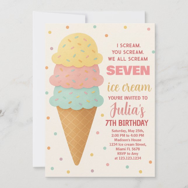 Süßes bearbeitbares Eiscreme zum Geburtstag Einlad Einladung (Vorderseite)