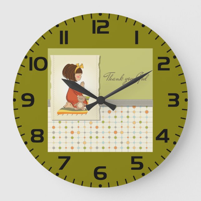 Süßes betendes Mädchen Dankeschön Gott Große Wanduhr (Vorderseite)