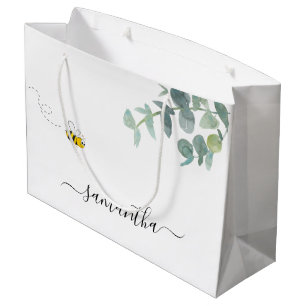 Süßes Bienenmonogramm Eukalyptus Grünzeug weiß Große Geschenktüte
