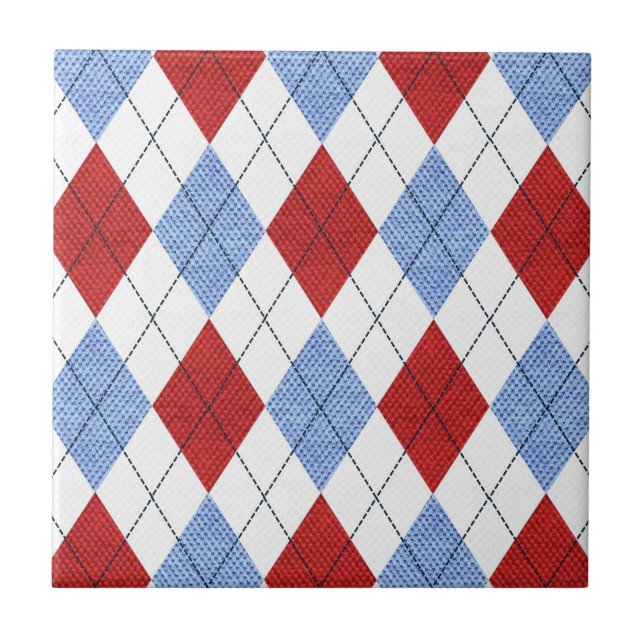 Süßes blau-rotes Argyle-Stoffmuster Fliese (Vorderseite)