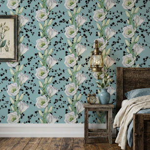 Süßes Blau Verspieltes Schwarz-Weiß-Blumenmuster Tapete