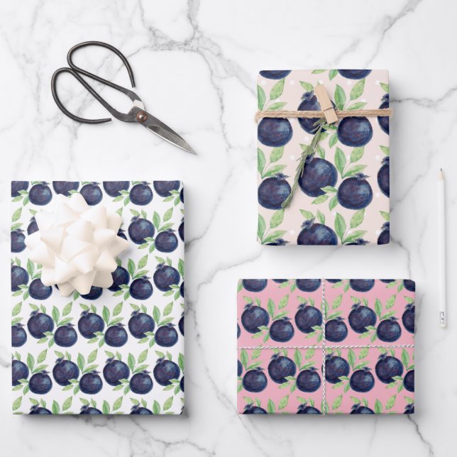 Süßes Blaubeeren Wasserfarben Handlackiert Geschenkpapier Set (Vorderseite)