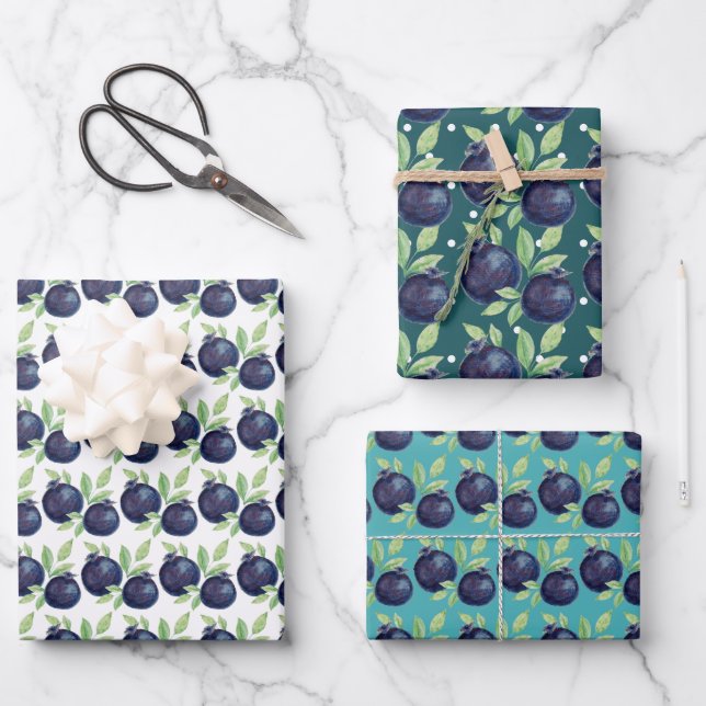 Süßes Blaubeeren Wasserfarben Handlackiert Geschenkpapier Set (Vorderseite)
