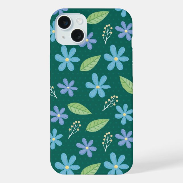 Süßes blaues Blumen nahtloses Muster iPhone 15 Plus Hülle (Rückseite)