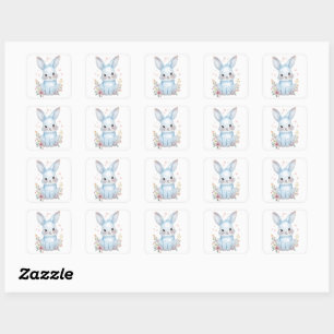 Süßes Blaues Hasen-Party-Thema Pastell-Blumen Quadratischer Aufkleber
