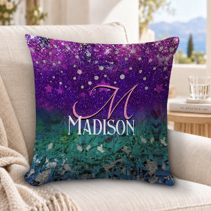 Süßes blaues lila Ombre Glitter Monogramm Kissen