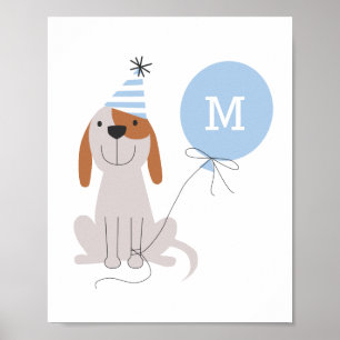 Süßes blaues Monogramm-Welpen-Kinderzimmer Poster