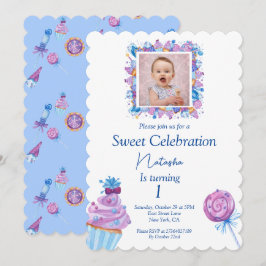 Süßes blaues Süßigkeiten zum Foto zum Geburtstag Einladung