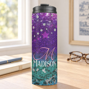 Süßes blaues violettes Ombre Glitter Monogramm Thermosbecher