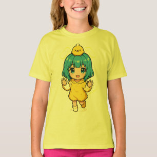 Süßes blauhaariges Chibi-Mädchen im Küken-T-Shirt T-Shirt