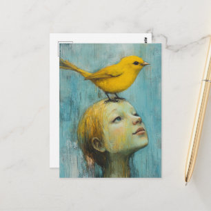Süßes blondes Mädchen mit großem gelben Vogel auf  Postkarte