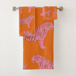 Süßes Boho-Orange- und Pink-Tiger-Kunstmuster Badhandtuch Set