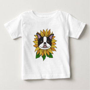 Süßes Boston Terrier-Hundgesicht auf Sonnenblume Baby T-shirt