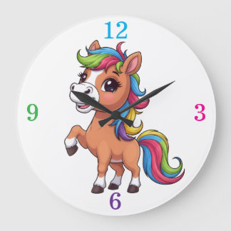 Süßes braunes Pony Regenbogenmähne Kinderzimmer Ru Große Wanduhr