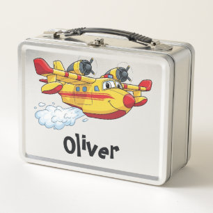 Süßes Cartoon-Feuerwehrflugzeug, das Wasser sprüht Metall Brotdose