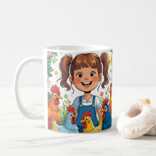 Süßes Cartoon-Huhn, farbenfrohe Blumen. Farmtier Kaffeetasse