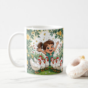 Süßes Cartoon-Huhn, farbenfrohe Blumen. Farmtier Kaffeetasse