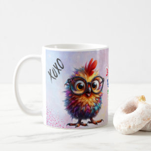 Süßes Cartoon-Huhn, farbenfrohe Blumen. Farmtier Kaffeetasse