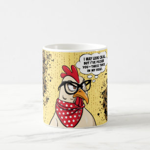 Süßes Cartoon-Huhn, farbenfrohe Blumen. Farmtier Kaffeetasse