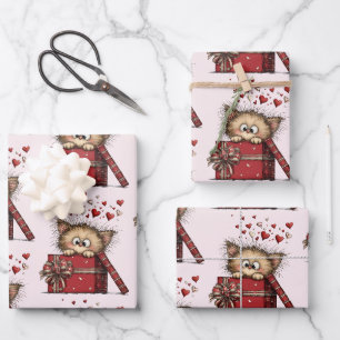 Süßes Cartoon-Kätzchen in einer Schachtel mit Herz Geschenkpapier Set
