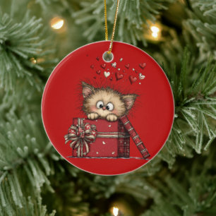 Süßes Cartoon-Kätzchen mit Herzen Keramik Ornament