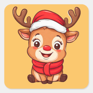 Süßes Cartoon-Rentier mit Weihnachtsmannmütze Quadratischer Aufkleber