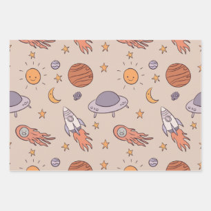 Süßes Cartoon-Weltraum-Nahtloses Musterdesign Geschenkpapier Set