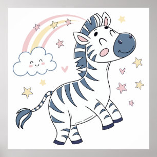 Süßes Cartoon-Zebra mit Regenbogen und Sternen   Poster