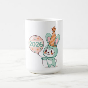 Süßes Chibi-Hasenmaskottchen mit 2026 Ballons Kaffeetasse