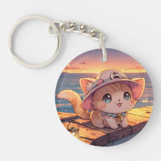 Süßes Chibi-Kätzchen am Hafen-Sonnenuntergang – Wh Schlüsselanhänger